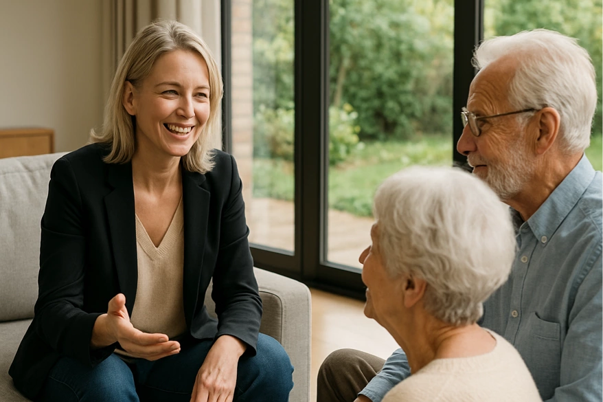 Discussion conviviale avec ses parnets dans un salon lumineux.