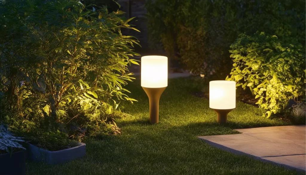 Lampes de jardin allumées le soir