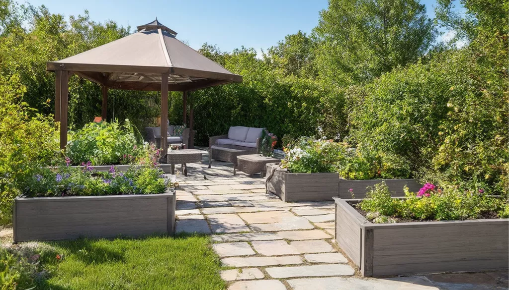 Jardin avec pergola et parterres fleuris