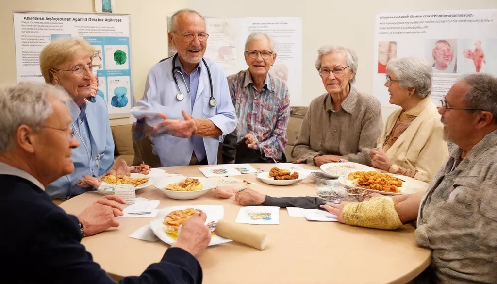 Groupe de seniors déjeunant et discutant joyeusement autour d'une table.