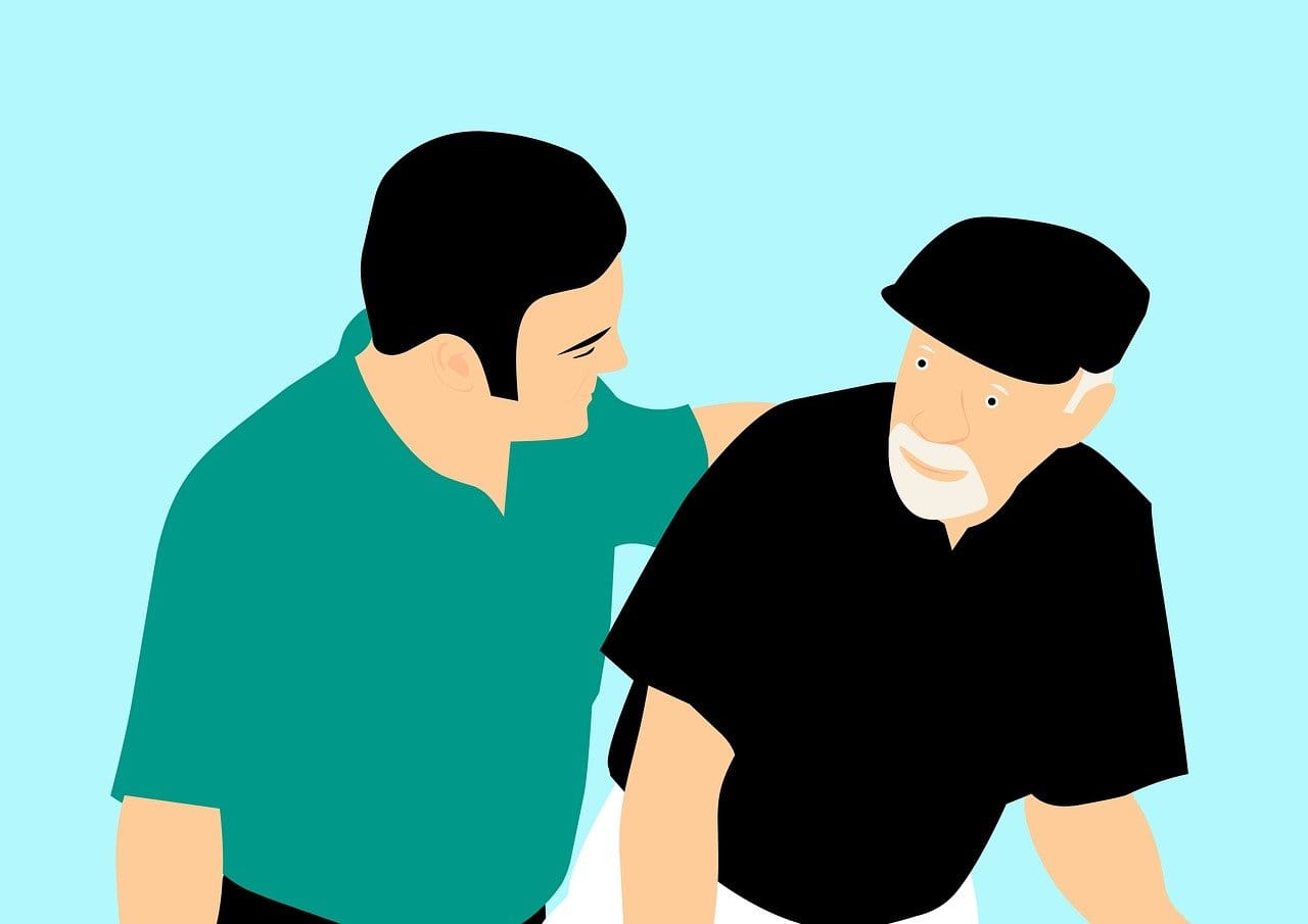 Homme jeune aidant homme âgé, illustration vectorielle.