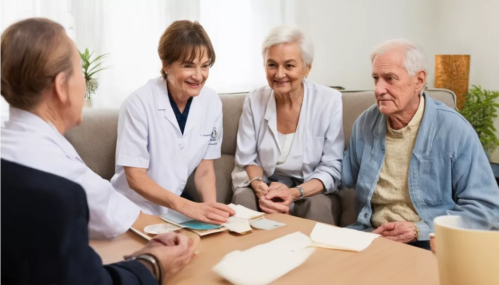 Soins infirmiers avec des personnes âgées, discussion animée.