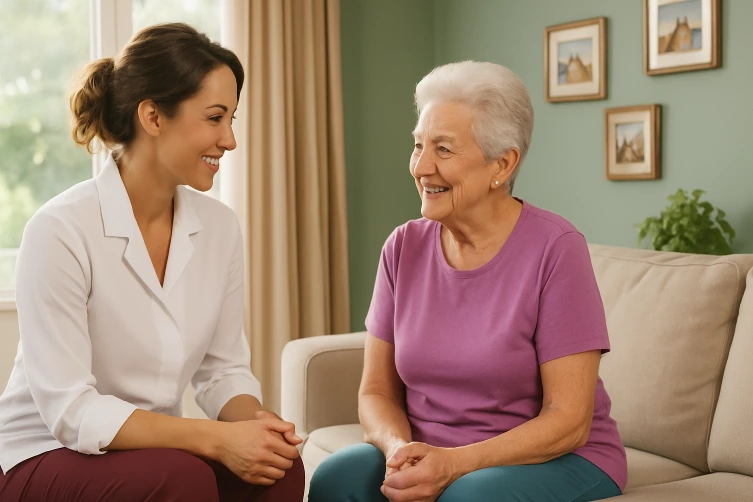 Discussion amicale entre infirmière et patiente âgée.