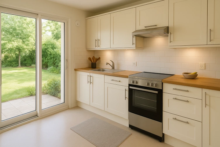 Cuisine lumineuse avec jardin extérieur.