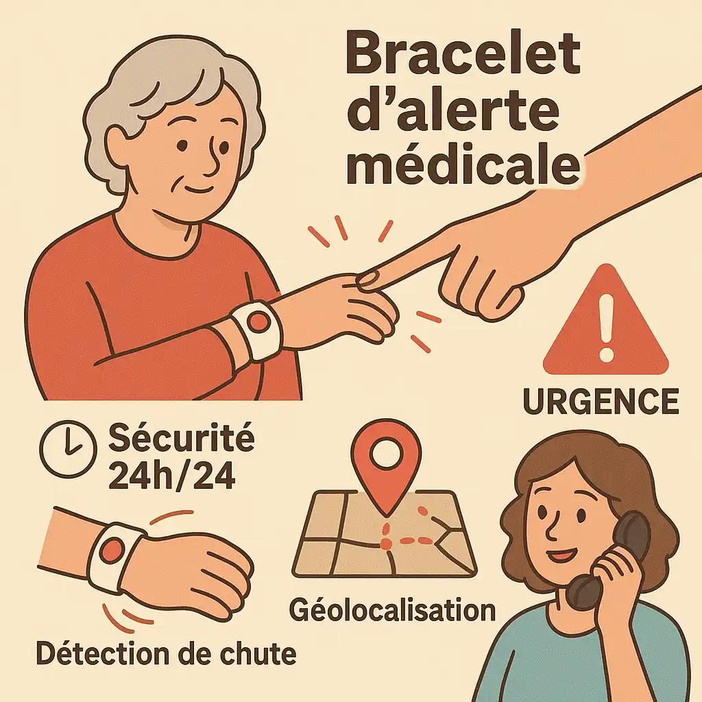 Bracelet alerte médicale, sécurité et détection chutes.