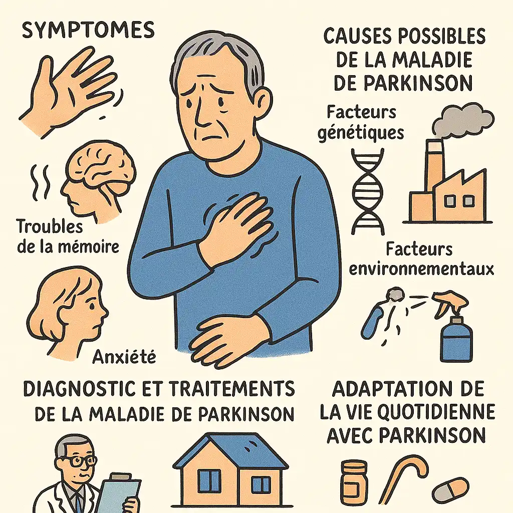 Illustration des causes et symptômes de Parkinson.