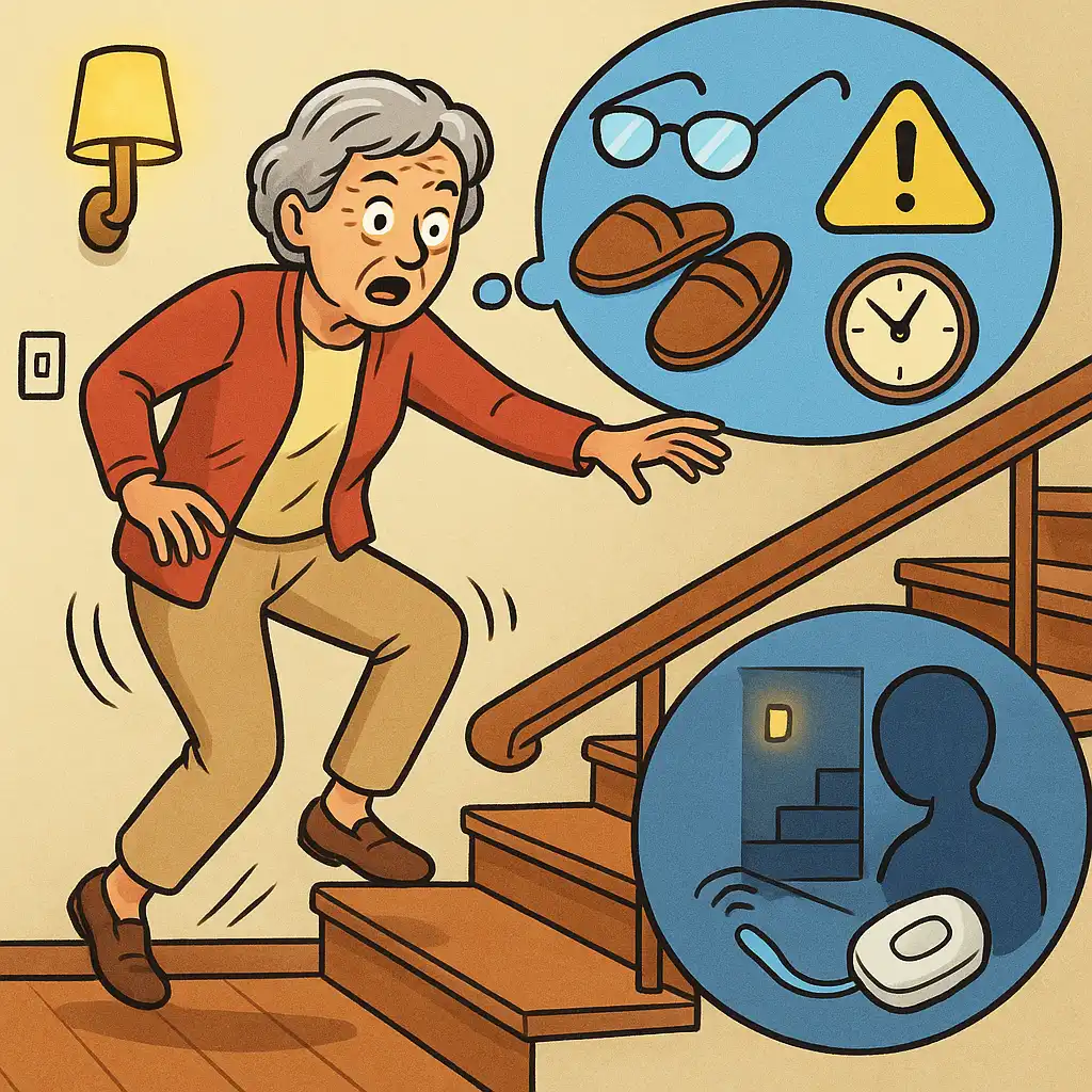 Personne âgée vacillant sur des escaliers.