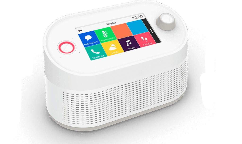 Assistant numérique avec écran tactile et menu coloré.