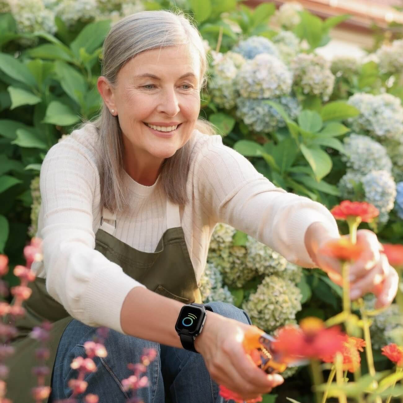 Femme jardinant avec montre connectée au poignet.