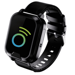 Montre connectée noire avec écran numérique.