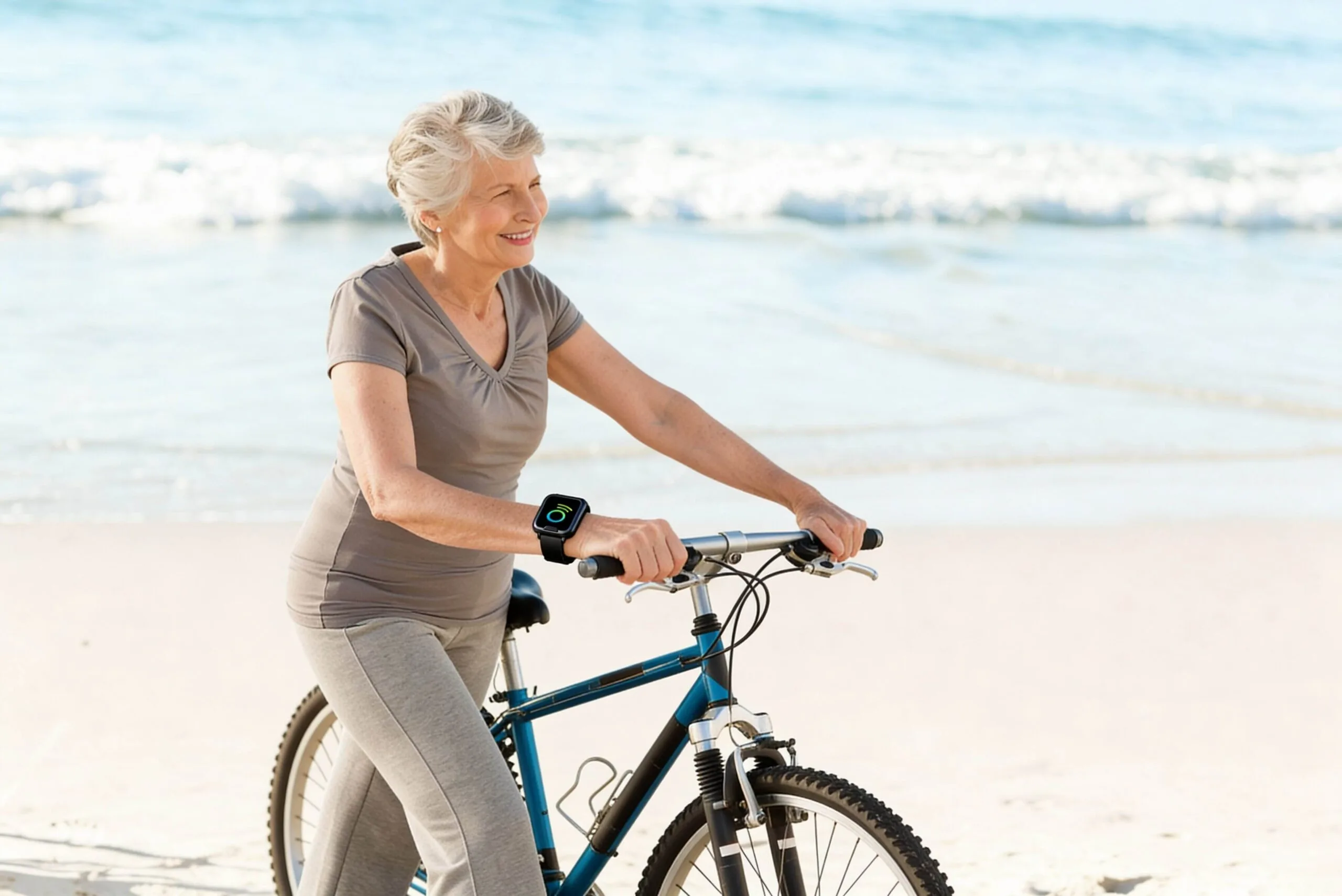 Femme souriante faisant du vélo sur la plage.
