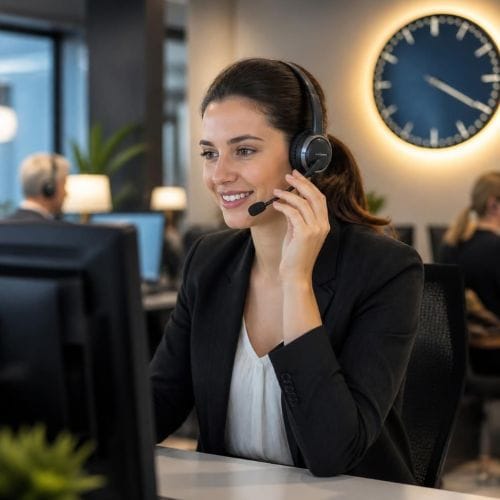 Professionnelle au casque dans un bureau moderne.