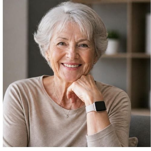 Femme âgée souriante portant une montre connectée.