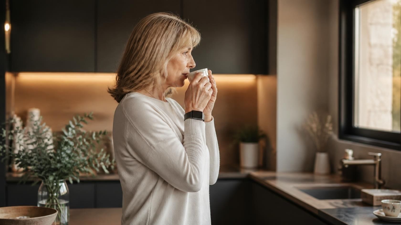 Femme buvant du café, regardant par la fenêtre.