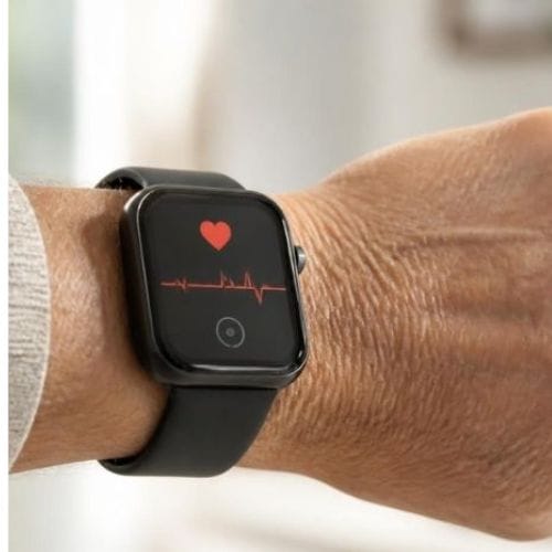 Montre connectée affichant un tracé cardiaque rouge.