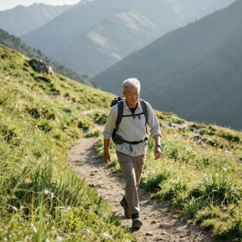 Homme marchant sur un sentier de montagne verdoyant.
