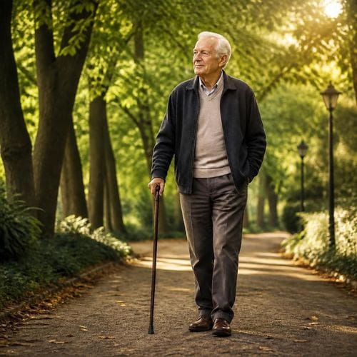 Homme âgé marchant dans un parc ensoleillé
