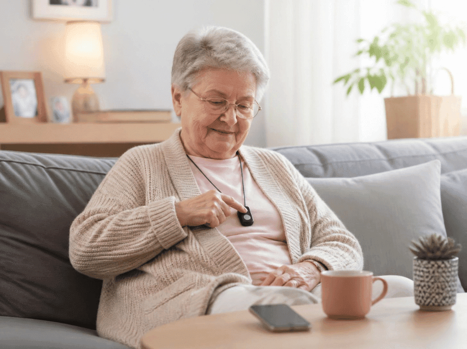 Femme âgée assise avec pendentif d'urgence.
