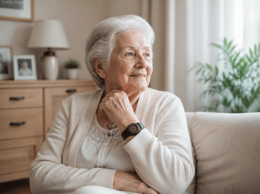 Femme âgée souriante assise dans un salon lumineux.