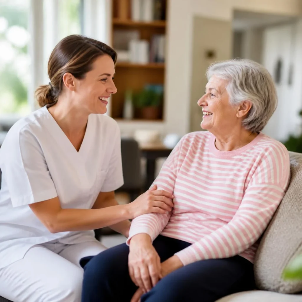 Infirmière souriante assistant une femme âgée assise.