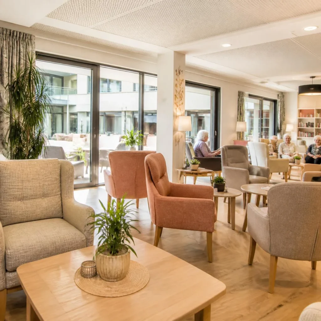 Salon lumineux avec personnes assises, plantes décoratives.