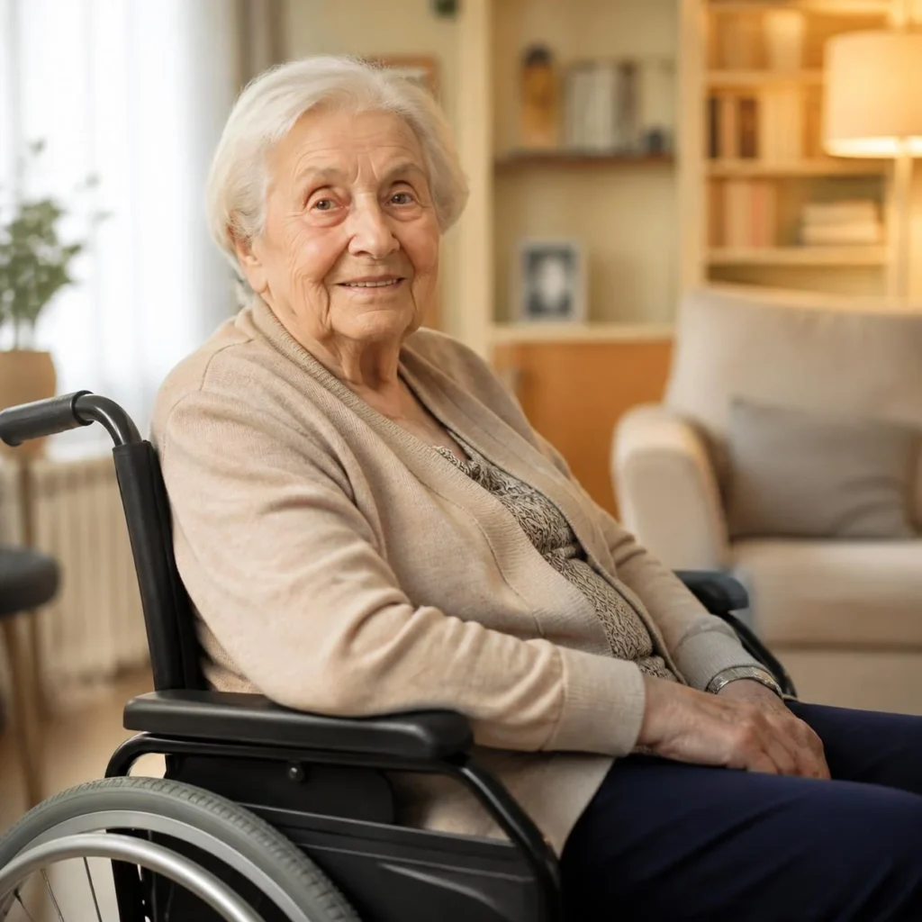 Femme âgée souriante assise en fauteuil roulant.