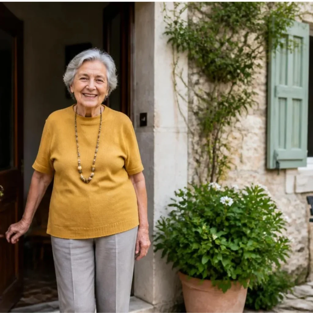 Femme âgée souriante à l'entrée d'une maison.