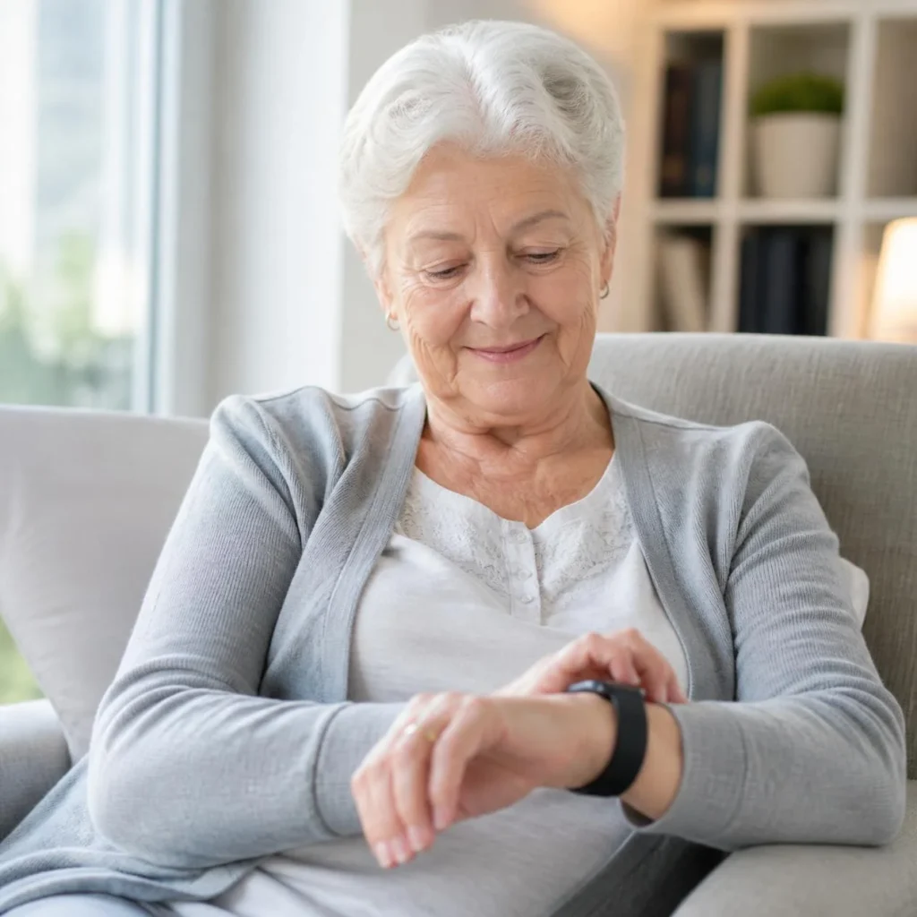 Femme âgée vérifiant sa montre connectée.