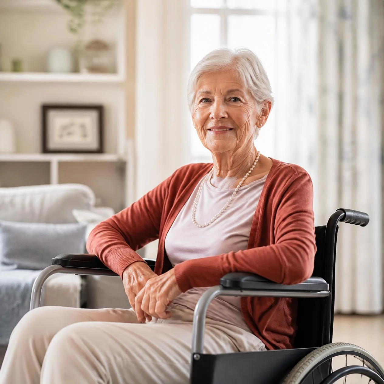 Femme âgée souriante assise dans un fauteuil roulant.
