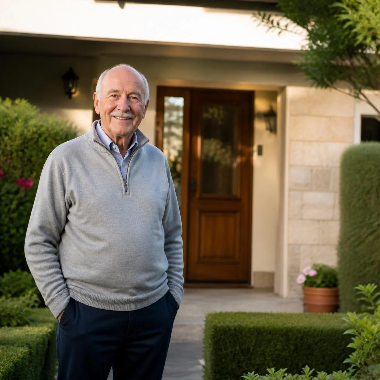 Homme souriant devant une maison moderne