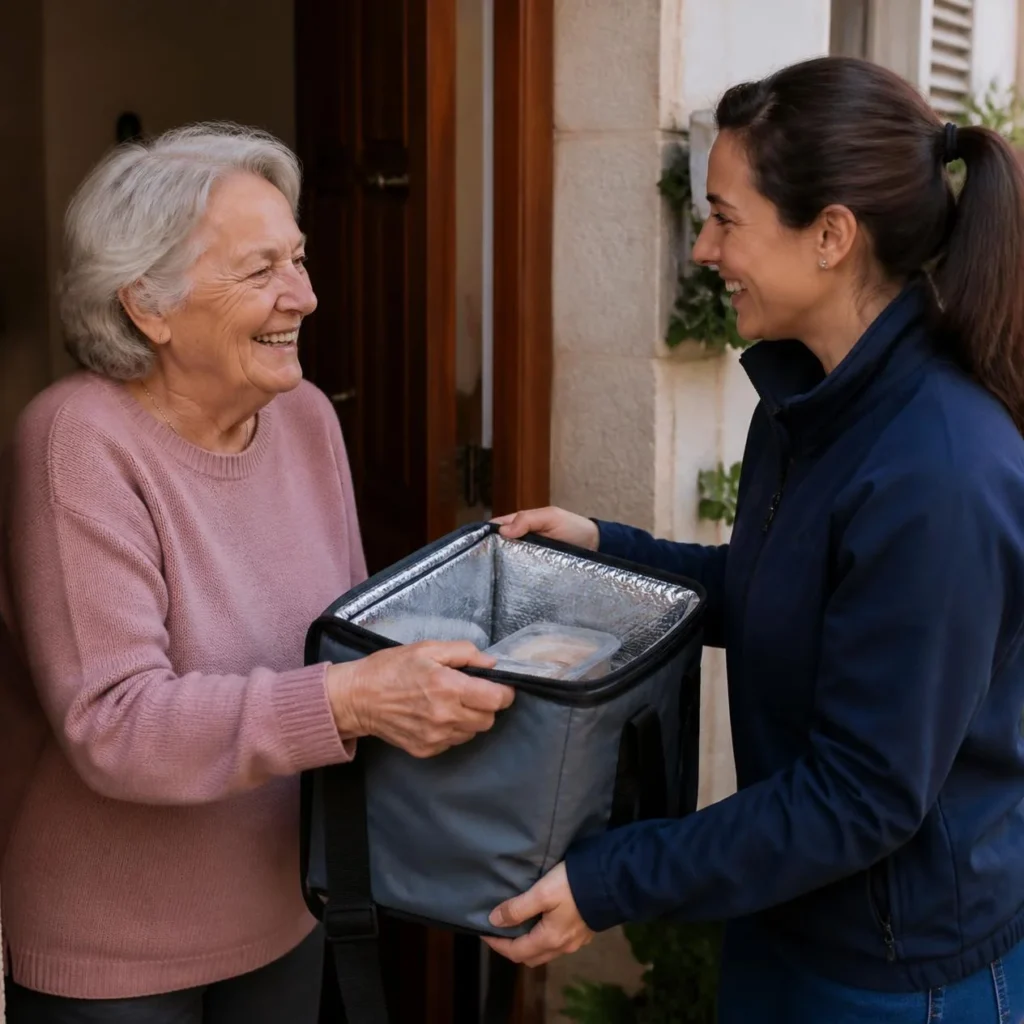Livraison de repas à domicile pour senior souriant.