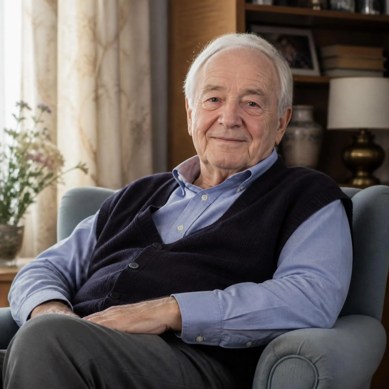 Homme âgé assis dans un fauteuil confortable.